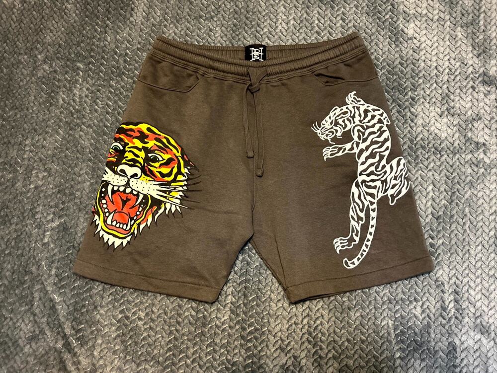Ed Hardy Fleece Sweat Shorts Mens Large Charcoal Gray vibrant Tiger Head Graphic